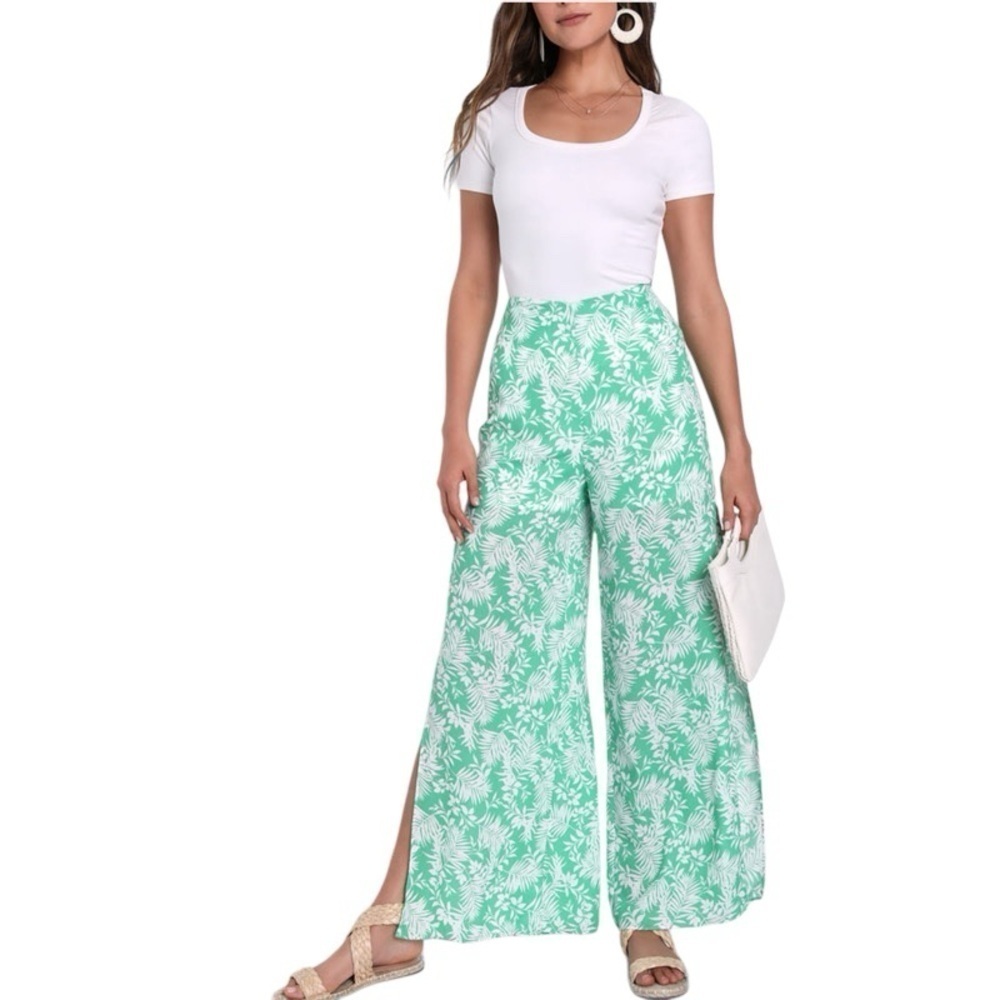 LULUS Hey Vacay Green Tropical Print Wide Leg Pants‎